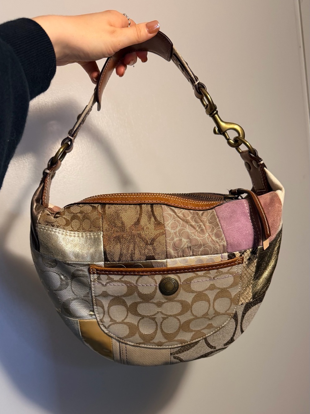 Coach Patchwork Shoulder Hobo Bag in Neutral, Pink and Gold Tones